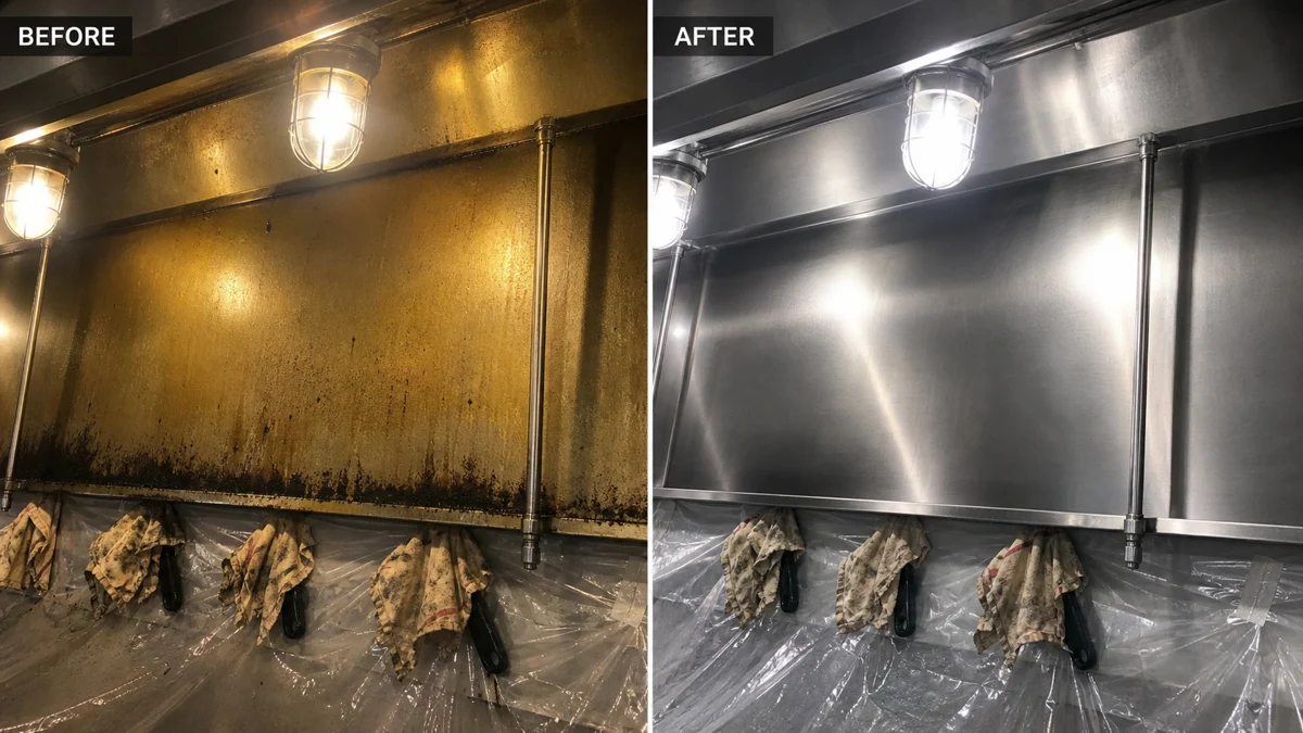 Side-by-side view of the same commercial hood: grease-coated stainless steel before cleaning and clean metal afterward