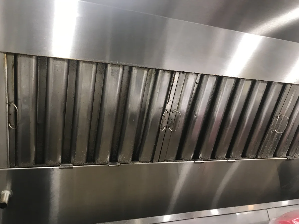 Inside a stainless steel hood